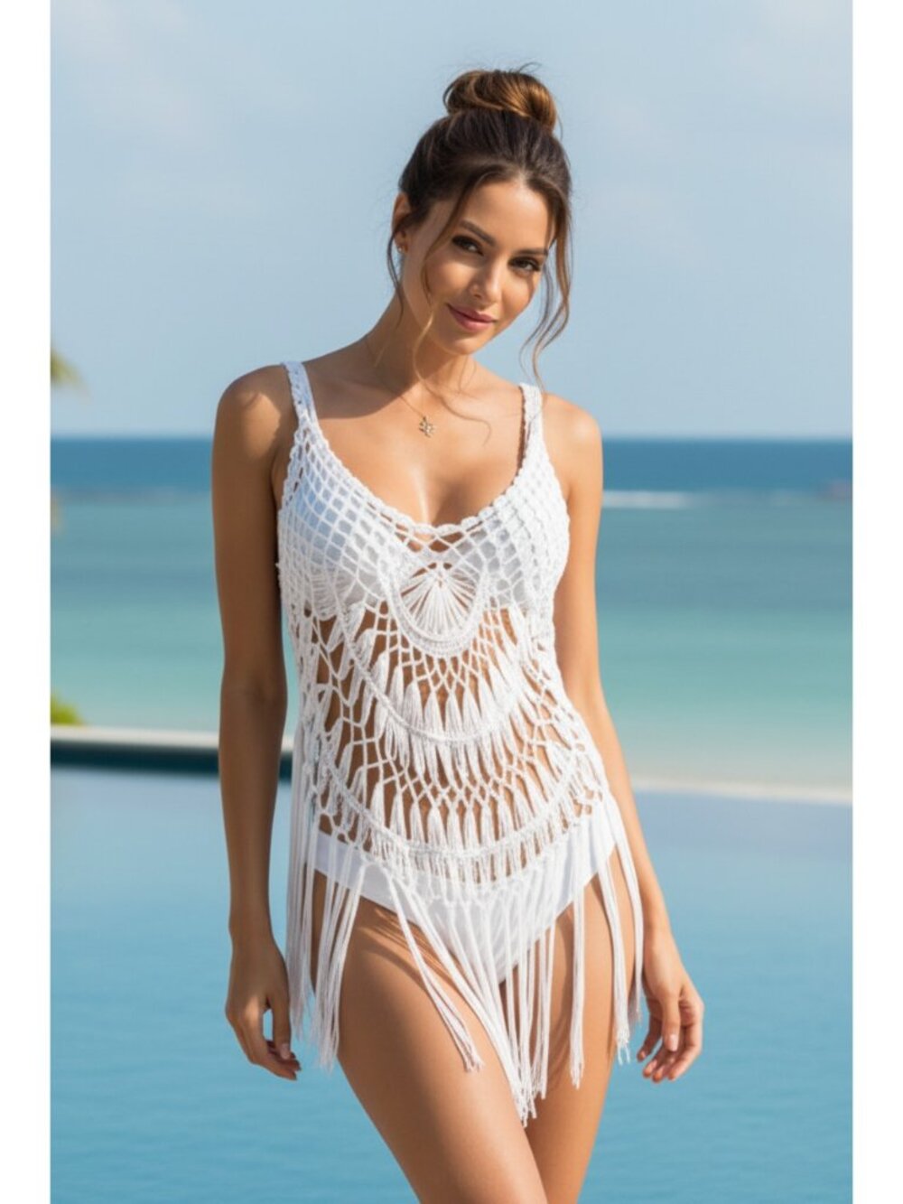 Openwork Crochet Macrame Knotted Fringe Tank Top Beach Boho Swimwear Cover Up